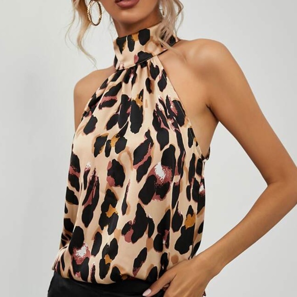 Satin silky Boho Leopard Print Halter Top Khaki - Picture 2 of 5